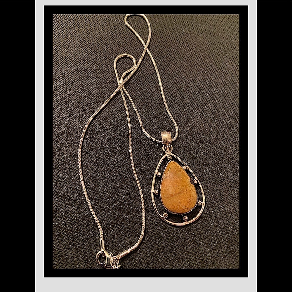 Women’s Beautiful Genuine Fossil Coral Pendant on Sterling Silver Necklace